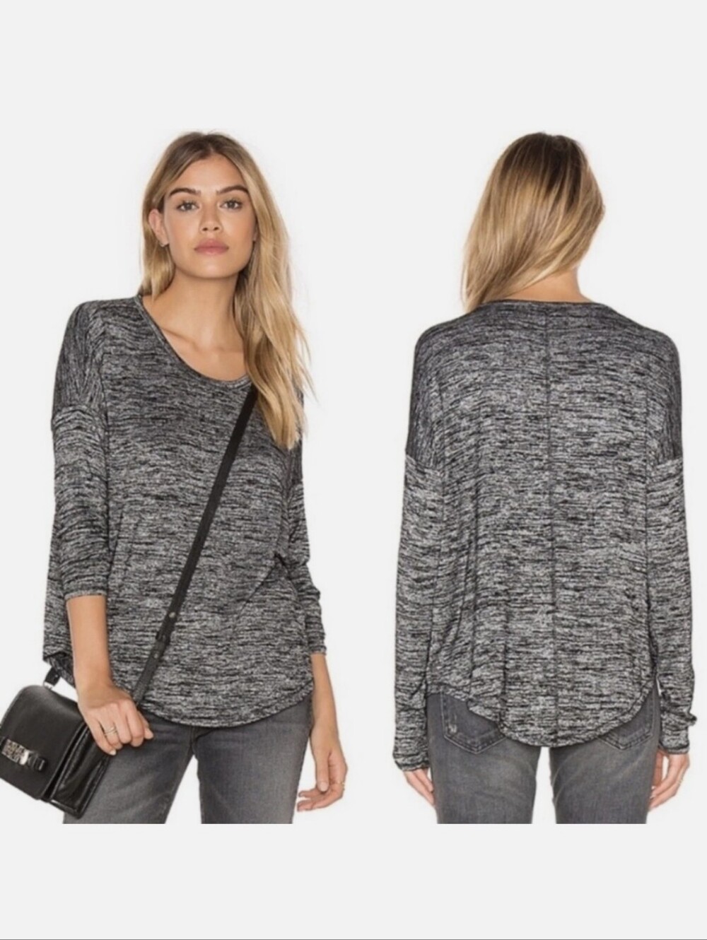 Rag & Bone Giada Slub Knit Long Sleeve Tee Black Heather Gray Seam Back